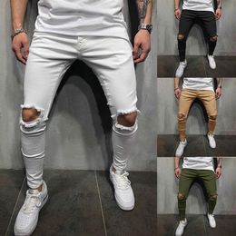 Mens Solid Color Holes Pants Skinny Slim Fit Designer Pencil Pants Male Teenage Street Trousers261R