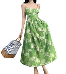 Damen-Strand-Spaghetti-Träger, grüner Blumendruck, hohe Taille, Ballkleid, langes Kleid SMLXL