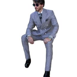 Grey Pinstripe Mens Suit for Summer Wedding Double Breasted Classic Fit Gentleman Formal Prom Blazer and Pants