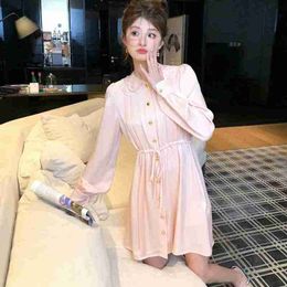 Basic & Casual Dresses Designer Spring/Summer New Studded Diamond Polo Neck Long Sleeve Women's True Silk Satin Dress Sweet Grapefruit Pink Skin Whitening GG2P