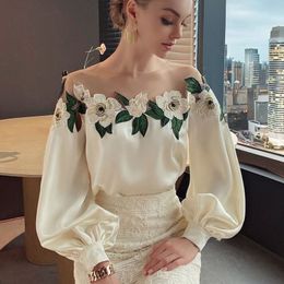 Women's Blouses Shirts Luxury Flowers Embroidery Mesh Stitching Satin Shirt Sweet Long Sleeved Faux Silk Loose OL Gauze Glossy Crop Tops Blusas 230630