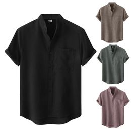 Men's Polos Vintage Cotton Linen Shirt Men Breathable Casual Short Sleeve Oversize Tops Summer Stand Collar Boho Style Mens Shirts Plus Size 230630