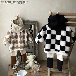 Clothing Sets Clothing Sets Txlixc Korean Toddler Boys Clothes Fall Winter Warm Set Long Sleeve Checkerboard Print Lamb Fleece Pullover Contrast Colour Z230701