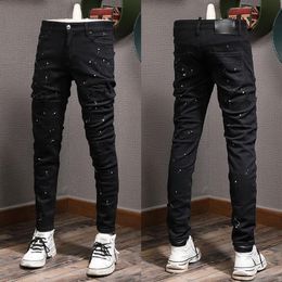 Painted Damage Jeans Man Distressed Patches Skinny Fit Black Vintage Biker Fit Denim277W