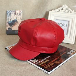 HT1368 Plain Leather Beret Caps Men Women Vintage Artist Painter Octagonal Newsboy Caps Solid Autumn Winter Hats Black Red Grey