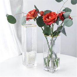 Vases Transparent Glass Vase Creative Square Office Tabletop Plant Bonsai Decor Nordic Flowers Pot Basket for Home 230701