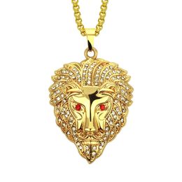 Hip Hop Rapper shiny diamond pendant gold necklace Lion head full zircon pendant personality creative copper micro-inset zircon Jewellery 76cm necklace 1369