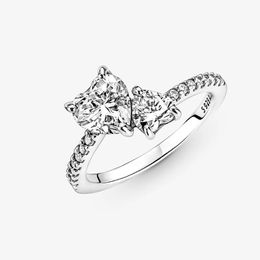 Double Heart Shiny Designer Ring 925 Silver Female Girlfriend Gift Jewellery Pandora Lover Diamond Ring