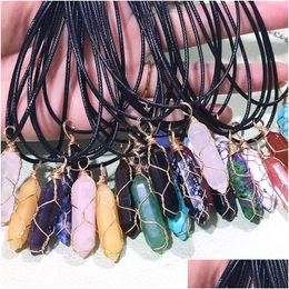 Pendant Necklaces Natural Stone Gold Wire Wrap Crystal Necklace Hexagon Prism Amethyst Rose Quartz Pendum Chakra Healing Jewelry For Dhrli