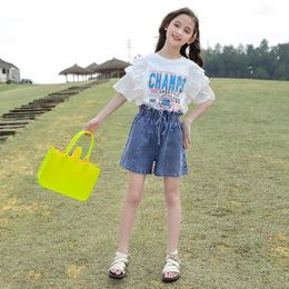 Clothing Sets Girl Summer Clothes Top and Bottom Set Girls ShortSleeved Tshirt Denim Shorts Junior 2Piece for girls 230630