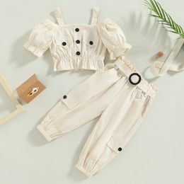 Clothing Sets 2Pcs Kids Girls Clothes Summer Outfits Ruffle Puff Short Sleeve Cold Shoulder Crop Tops Cargo Pants with Pocket Belt Set 230630