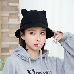 Women Fisherman Cap Small Tail Cat Ear Basin Bucket Hat Girl Korean Pure Colour Sunscreen Student Lovely Sunshade Lady Caps H7367