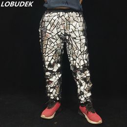 Men's Pants Glitter Silver Laser Mirror Casual Hip Hop Dancer Stage Performance Shiny Trousers Bar Singer Elastic Harem 230630