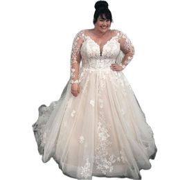Plus Size Long Sleeve A Line Wedding Dresses Lace Appliques Bohemian Bridal Gown Sheer Neck Sweep Train Vestido De Mariee 326 326