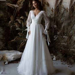 Wunderschöne gepunktete Brautkleider in A-Linie mit V-Ausschnitt, Puffärmeln, Spitze, Brautkleid, plissiert, gepunktetes Boho-Kleid für die Braut 326 326