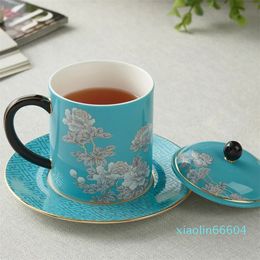 330ml and 350ml three-piece Cover cups set - ink-and-wash peony pattern,Real gold plating,Underglaze color,Use both home and office