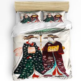 Films Japanese Bedding Set for Bedroom Bed Home Girl in Traditional Dress and Cultural Patterns Duvet Cover Quilt Cover and Pillowcase