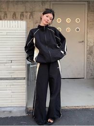 Women's Tracksuits HOUZHOU Vintage Y2K Black Joggers Sweatpant Retro Streetwear Hip Hop Tracksuit Oversize Zipper Jackets Harajuku Pants Set 230630