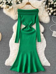 Casual Dresses Romantic Shoulder Mermaid Party Dress Autumn Winter Long Sleeve Wrapped Hip Knitted Women's Tank Sweater P230606