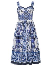 Basic Casual Dresses Summer Hoiday Blue And White Porcelain Flower Printing Cotton Dres Spaghetti Strap Zipper Elastic Backless Midi Vestidos 230701