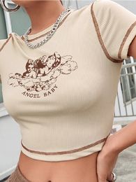 Women's T-Shirt Women's Stylish Angel Letter Printed T-Shirt Short Sleeve Round Neck Contrast Stitch Slim Fit Wild Casual Crop Tops for Summer 230630