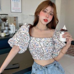 Women's Blouses Shirts Floral Print Off Shoulder Sweet Exposed Navel Chiffon Puff Short Sleeve Tops 230630