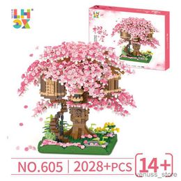 Blocks Mirco Sakura Flower Treehouse Building Block Creative Street View Cherry Blossom Decor Valentine Day Toys Gifts R230701