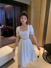 Basic & Casual Dresses Designer Summer Letter Embroidered Bubble Short Sleeve Open Back Women's Dress Elastic Waist Slim Strap 3DCW