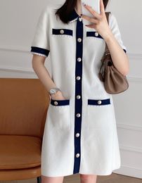 Basic & Casual Dresse New m-aje Contrast Hand Hook Short Sleeve Knitted Dress for Women
