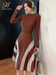 Urban Sexy Dresses H Han Queen Autumn Colorblock Stripes Knitted Women's A Line Sweater Dress Fashion Bottom Layer Pleated Office Vestidos 230630