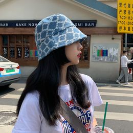 K360-Blue denim plaid fisherman hat Children's early spring and summer, small crowd, large head, thin bucket cap, women's hat