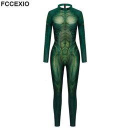 Women's Jumpsuits Rompers FCCEXIO Green Alien Print Holiday Party Seamless Bodysuit Women Fashion Sexy Stretch Casual Wear Cosplay Costume Jumpsuit 230630