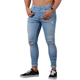 S-4XL Mens Solid Colour Denim Pencil Pants Casual Stretch Designer Jeans Sexy Hole Ripped Male Zipper Jeans Trousers Plus Size271J