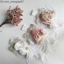 Hair Accessories Satin Flower Feather Baby Headband White Lace Pearl Princess Girls Hair Band Vintage Fashion born Accessories 220610 Z230701