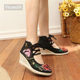 Boots Veowalk Beaded Flower Embroidered Women Gladiator Lace Up Canvas Pumps High Top 6cm Heels Wedges Platform Shoes for Ladies