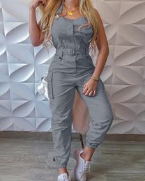 Capris Strap Jumpsuit Women Loose Dungarees Long Rompers Summer Solid Pockets Cargo Pants Female Casual Work Out Playsuits Overalls