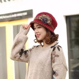 Women's Winter Woollen Knitted Hat for Middle-aged and Elderly Mother Thickened Warm Fisherman Hat Big Fur Ball Decorated 7Colors