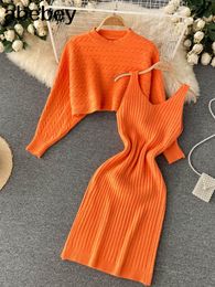 Two Piece Dres Elegant Slim Sets Female Sweater Autumn Winter High Waist Knitted Ensemble Femme Medium Long Party Dresses 230630