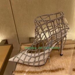 Boots Ladies Rhinestone Mesh Pointed Toe High Heels Women's Spring New Mix Colour 9cm Hollow Zipper Roman Sandals Footwear Size 40