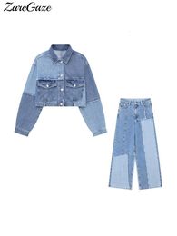 Women's Tracksuit Blue Denim Suit Patchwork Cropped Jacket Wide Leg Jeans Woman Fashion Streetwear Long Sleeve Short Baggy Pants Set 230630