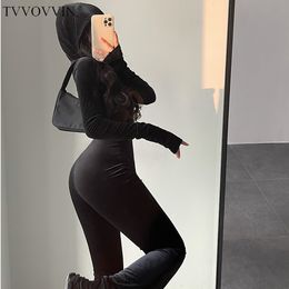 Women's Jumpsuits Rompers TVVOVVIN Fashion Black Velvet Slim Hooded Zipper Long Sleeve Flare Pants Jumpsuit Korean Sexy Tops 9P64 230630