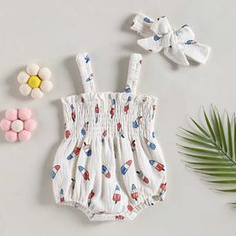 Footies FOCUSNORM 0-18M Independence Day Baby Girl Cute Romper Summer Ice Cream Print Sleeveless Ruched Jumpsuits Stretch HeadbandHKD230701