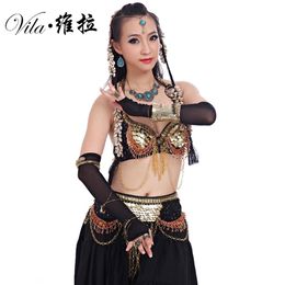 Women Tribal Belly Dance Wear 2Pieces Outfit Set Antique Bronze Beads Bra Belt Skirts Gypsy Dance Costumes292j