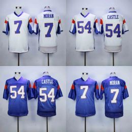 Mens Blue Mountain State Movie Jersey 54 Kevin Thad CASTLE 7 Alex MORAN Все сшитые футбольные майки Бесплатная доставка Белый Синий