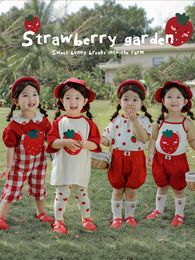 Clothing Sets Girls' Summer Strawberry Series Suit Cute Raglan Sleeve Tshirt Baby Fashion Casual Checked Suspenders 230630