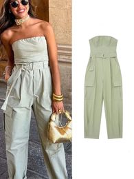 Women's Jumpsuits Rompers TRAF 2023 Women Summer Strapless With Belt Causal Solid Sleeveless Wrapped Chest Fashion Jumpsuit Full Cargo Pants 230630