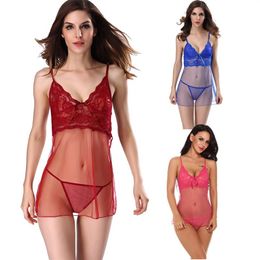 Women Untra Sexy Lace and Mesh Babydoll Chemise Nightwear with G-String Sleepwear Dress Lingerie Set S-XXL Red Blue Pink Whole205J