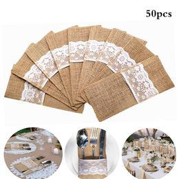 Other Event Party Supplies 50pcs Burlap Lace Cutlery Pouch Tableware Hessian Rustic Jute Christmas Decor Wedding Table Decoration Wedding Party Bridal 230630