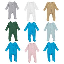 Footies lioraitiin 0-6M Newborn Infant Baby Boy Girl Sleep Romper Long Sleeve Solid Cotton Soft Zipper Jumpsuit Clothing 7ColorsHKD230701