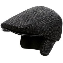 HT3742 Beret Cap Autumn Winter Hat Vintage Plaid Wool Beret Hats with Ear Flaps Thick Warm Ivy Newsboy Flat Cap Berets for Men